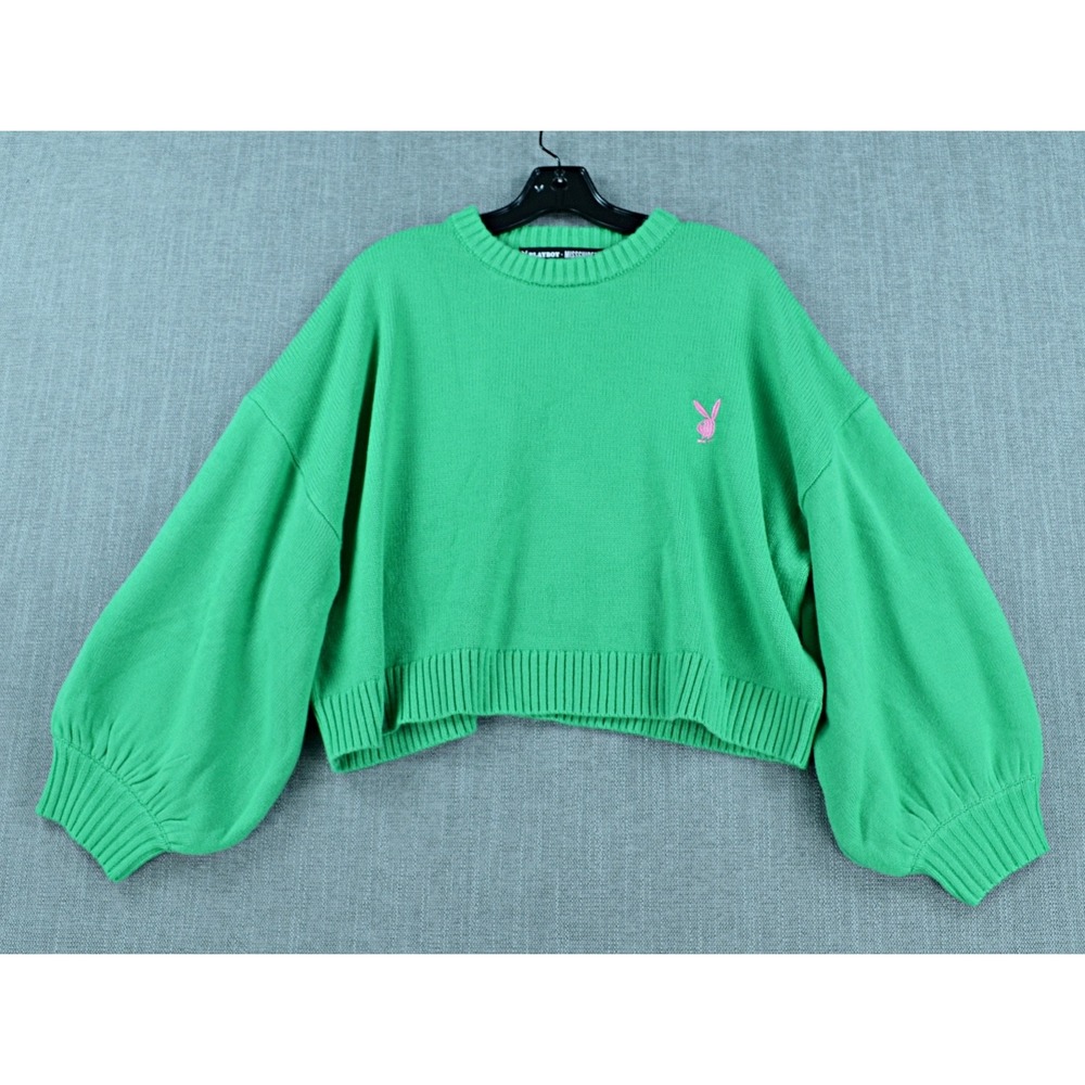 Missguided Sweater Women's 10 PLAYBOY Pullover Cropped Knitted Balloon Sleeve